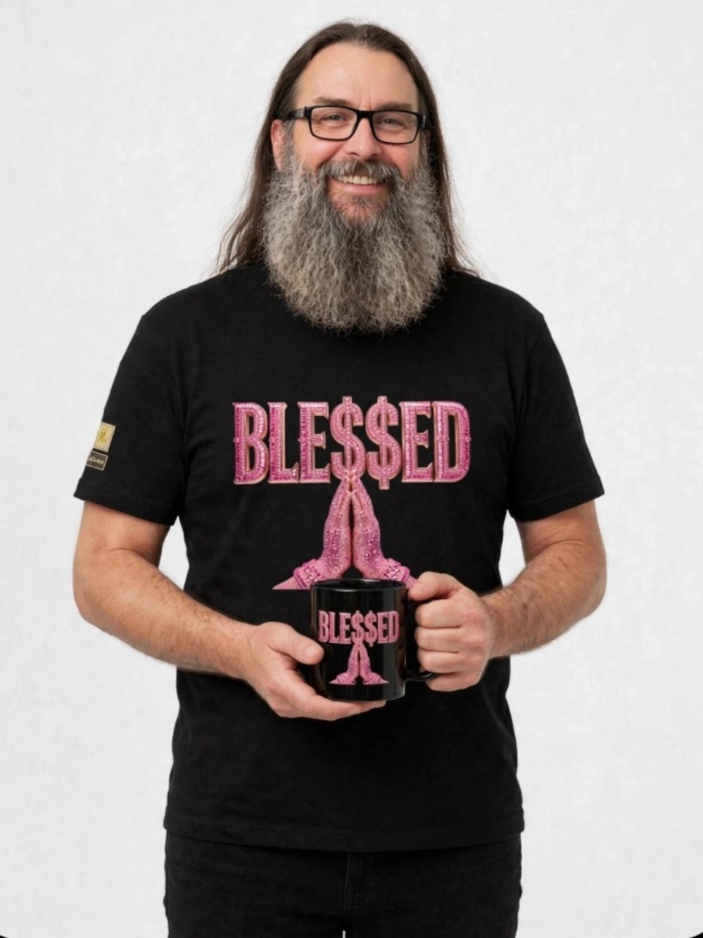 Black Mug with Pink "BLESSED" Design and Praying Hands - Picture 10 of 10